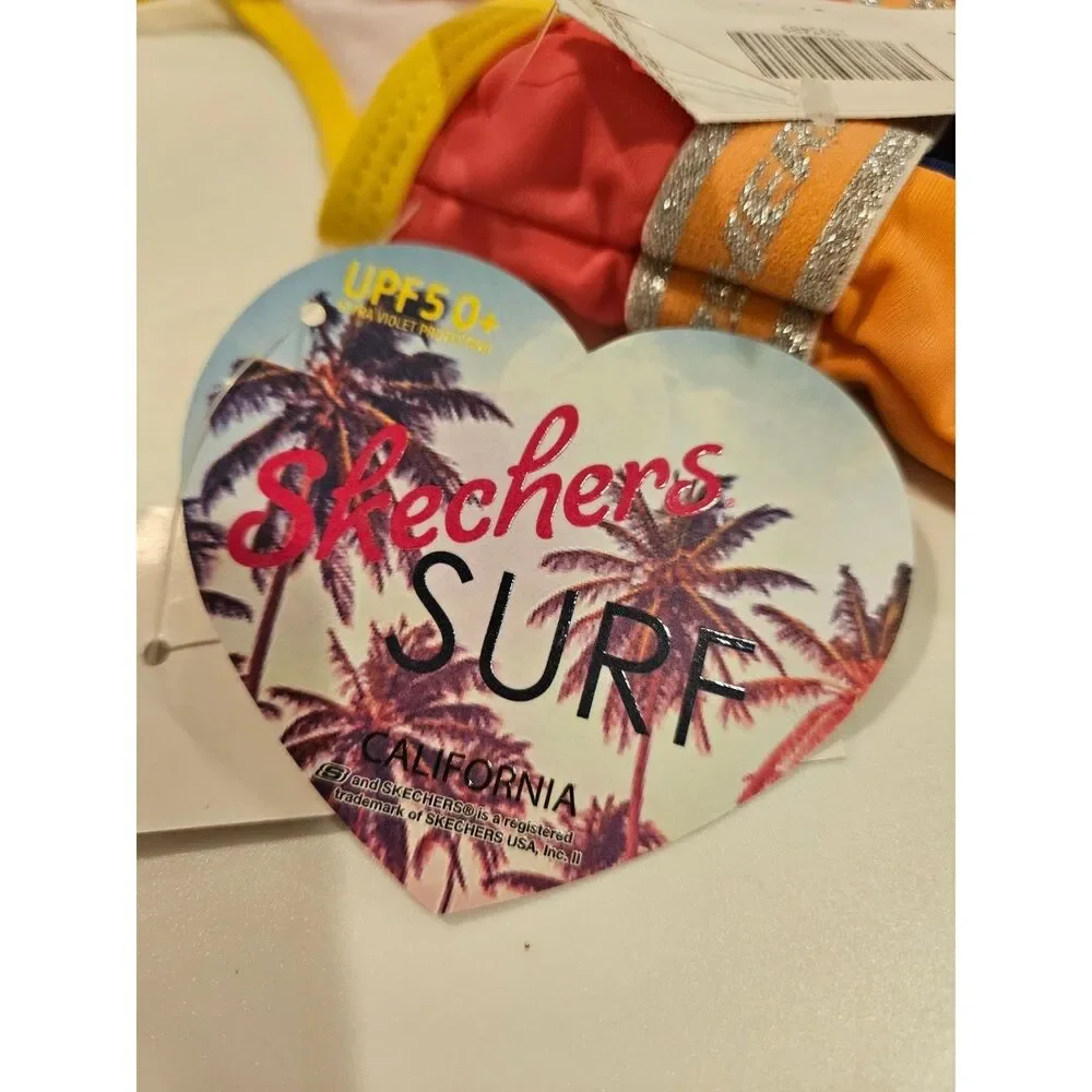 NWT Skechers Girls Pink Orange Blue One Piece Swim Bathing Suit UPF50, Size 24 M